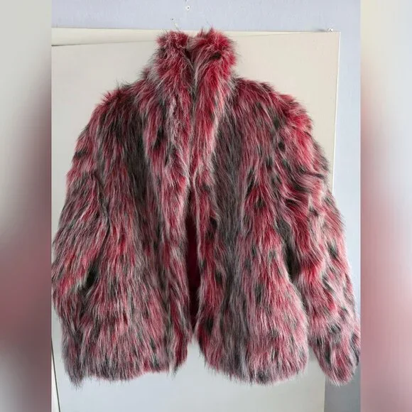 VINTAGE Sans Souci Women's Faux Fur Coat Red Size M - Picture 2 of 7